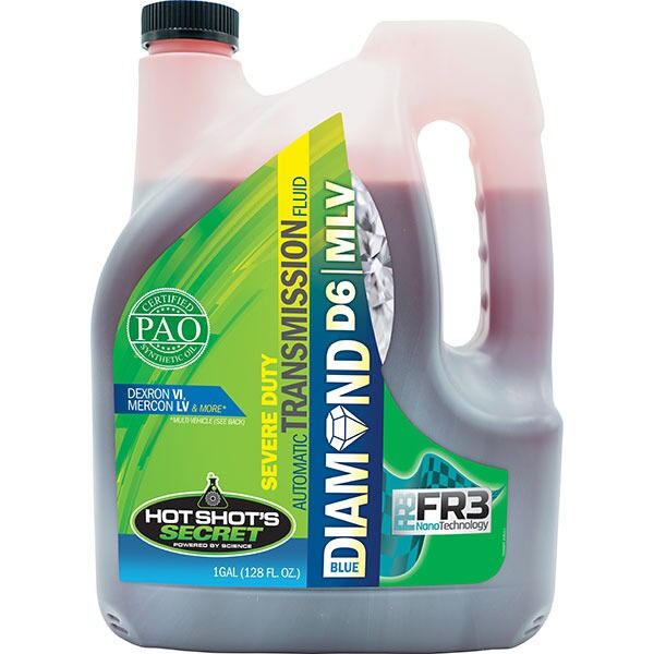 blu-dm_1gal_230413 - WP Developments 1-gallon jug of hot shot's secret severe duty automatic transmission fluid (blue diamond) with a green label and built-in handle on the right side.