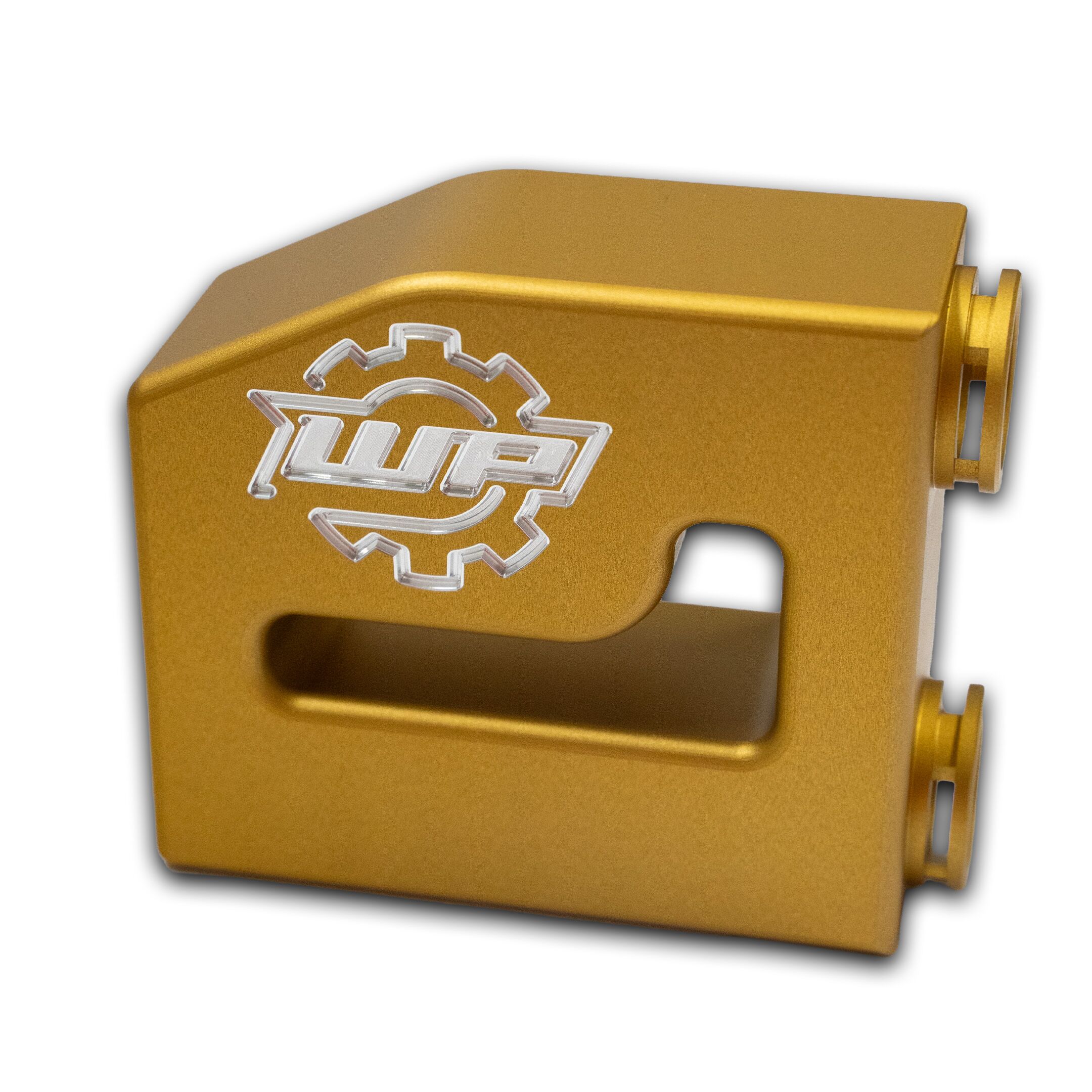 thermalbypass_13-19_2 - WP Developments close-up of a gold-colored plastic device with a clear, embossed logo on the surface and rounded edges.